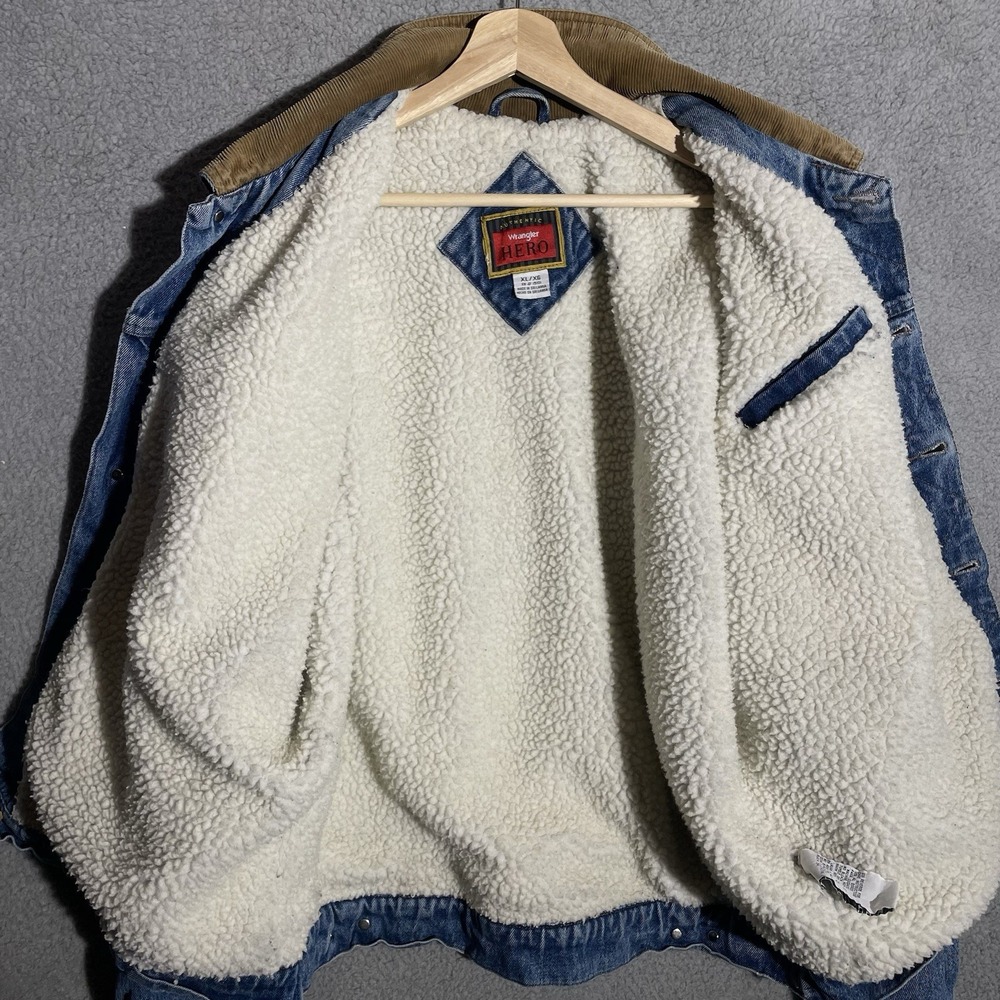 Wrangler Hero Jacket Mens XL Blue Sherpa Lined Denim Corduroy Collar Distressed - Picture 11 of 13